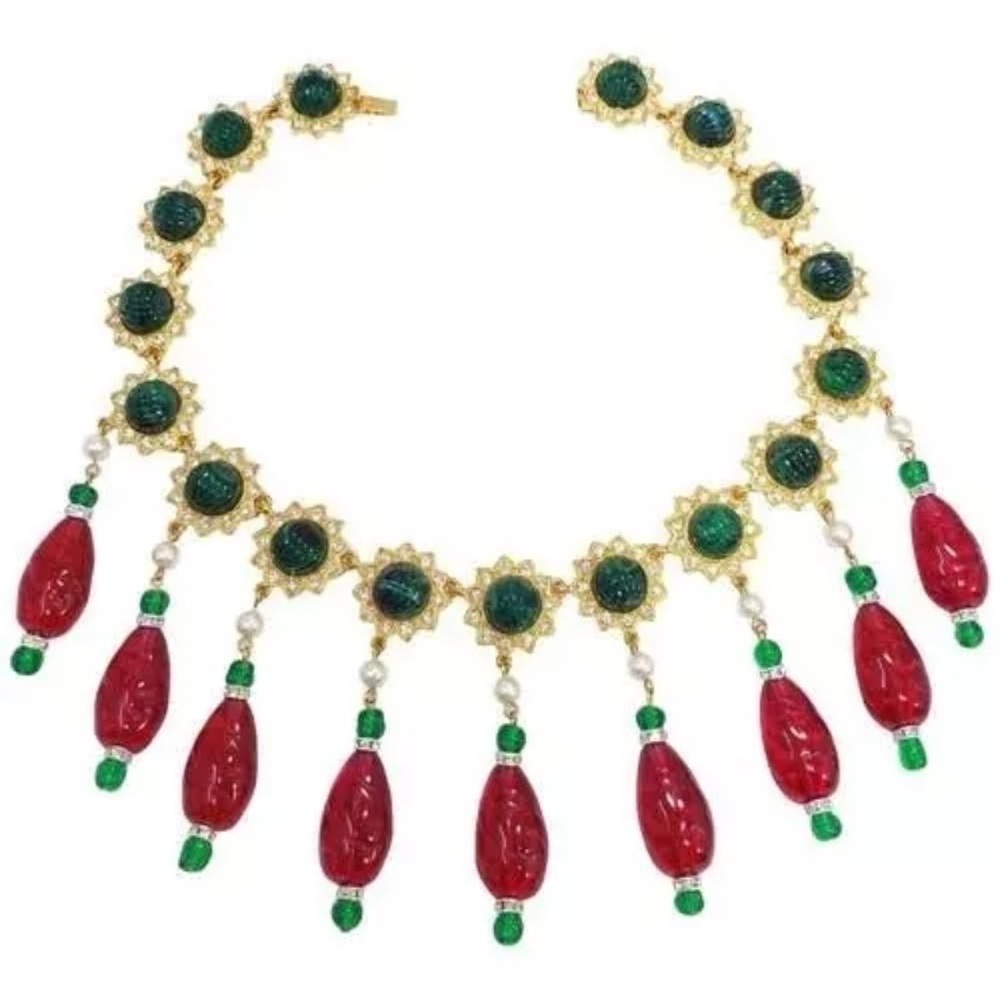 KJL Kenneth Jay Lane Red and Green Drop Accents Necklace w Faux Pearls, Crystals